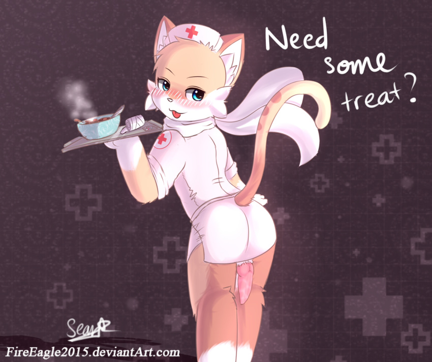 2016 bandage blush clothing cute fan_character feline from_behind_position heart male male_only mammal nurse penis scarf senz sex soup standing suit tongue tray wet