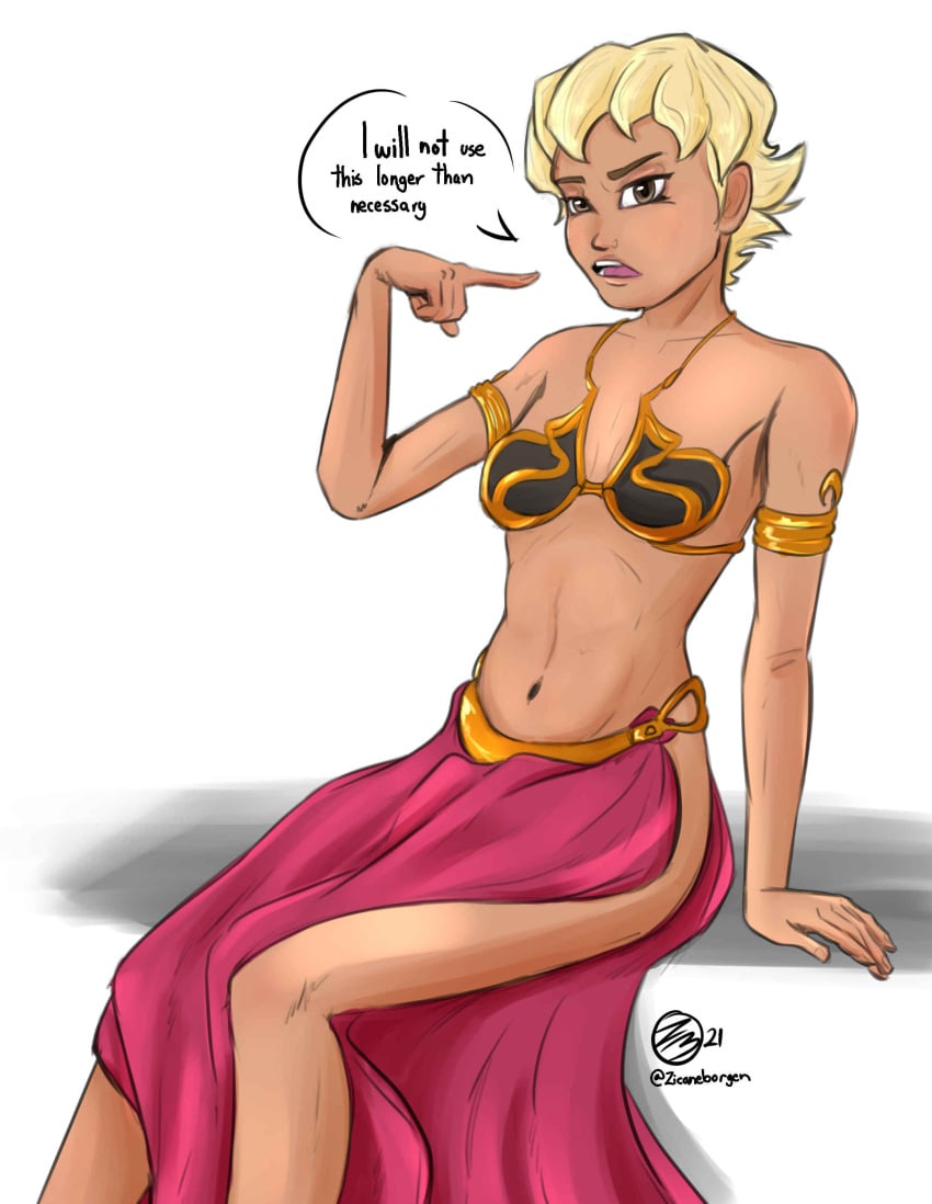 1girls aged_up armlet belly_dancer belly_dancer_outfit brown_eyes clone harem_girl harem_outfit loincloth medium_breasts omega_(star_wars) platinum_blonde_hair short_hair slave slave_bikini slave_leia_(cosplay) slave_outfit slavegirl speech_bubble star_wars star_wars:_the_bad_batch zica