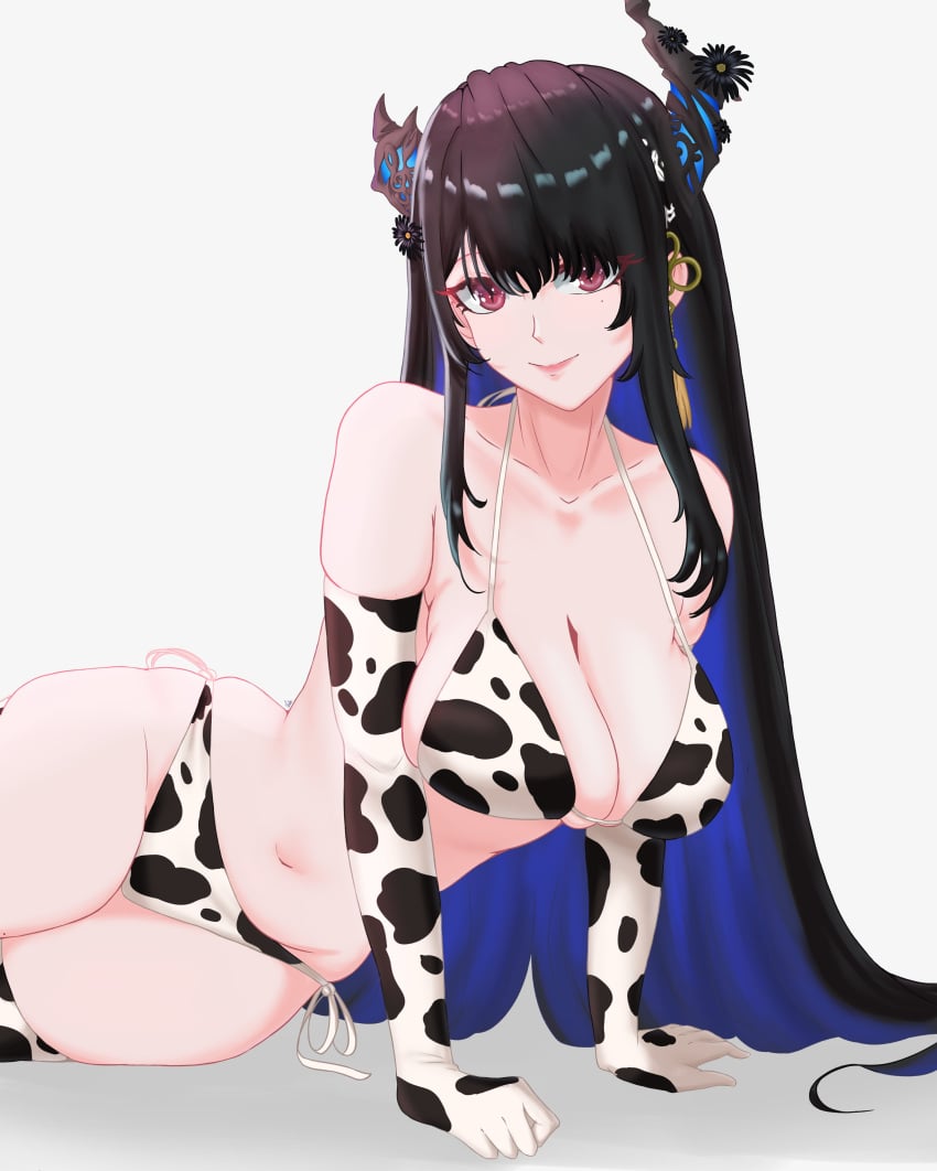 1girls bikini black_hair blue_hair breasts candace_volker clothed clothing colored_inner_hair cow_print cow_print_bikini cow_print_thighhighs demon_girl demon_horns elbow_gloves female female_only hair_ornament hololive hololive_english hololive_english_-advent- horns large_breasts light-skinned_female light_skin mole mole_under_eye multicolored_hair nerissa_ravencroft red_eyes solo tassel_hair_ornament very_long_hair virtual_youtuber