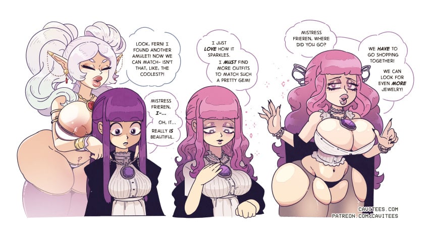 2girls bimbo bimbofication breast_expansion cavitees female_only fern_(sousou_no_frieren) frieren frieren_beyond_journey's_end huge_breasts large_breasts purple_hair sousou_no_frieren text transformation white_hair