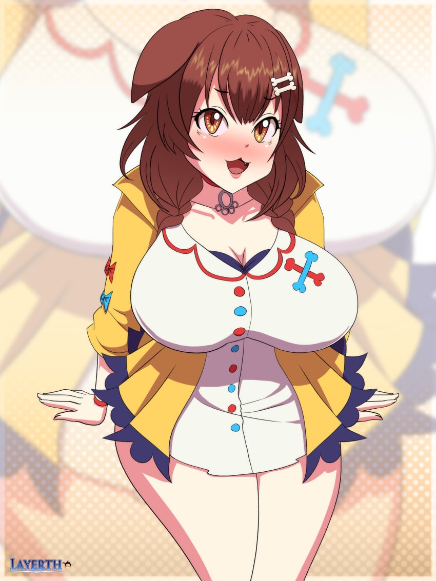 1girls :3 animal_ears big_breasts blush braid breasts brown_eyes brown_hair cleavage collar dog_ears dog_girl female hairclip highres hololive hololive_gamers hololive_japan huge_breasts inugami_korone layerth light-skinned_female light_skin looking_at_viewer open_mouth shirt smile solo thick_thighs thighs twin_braids virtual_youtuber voluptuous watermark