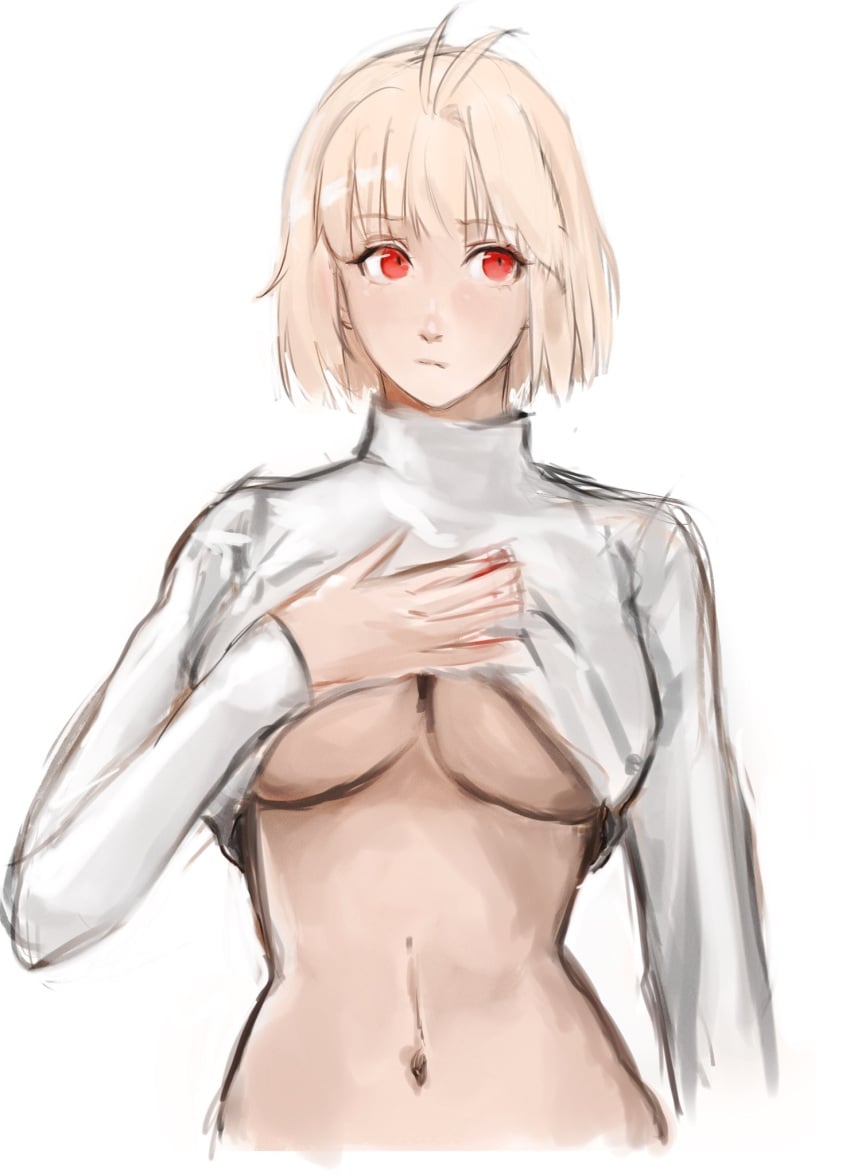 ahoge arcueid_brunestud belly big_breasts blonde_hair blush breasts clothes_lift highres huge_breasts large_breasts lifting_shirt melty_blood no_01r no_bra red_eyes short_hair solo stripping sweater sweater_lift tsukihime tummy turtleneck type-moon undressing vampire_girl