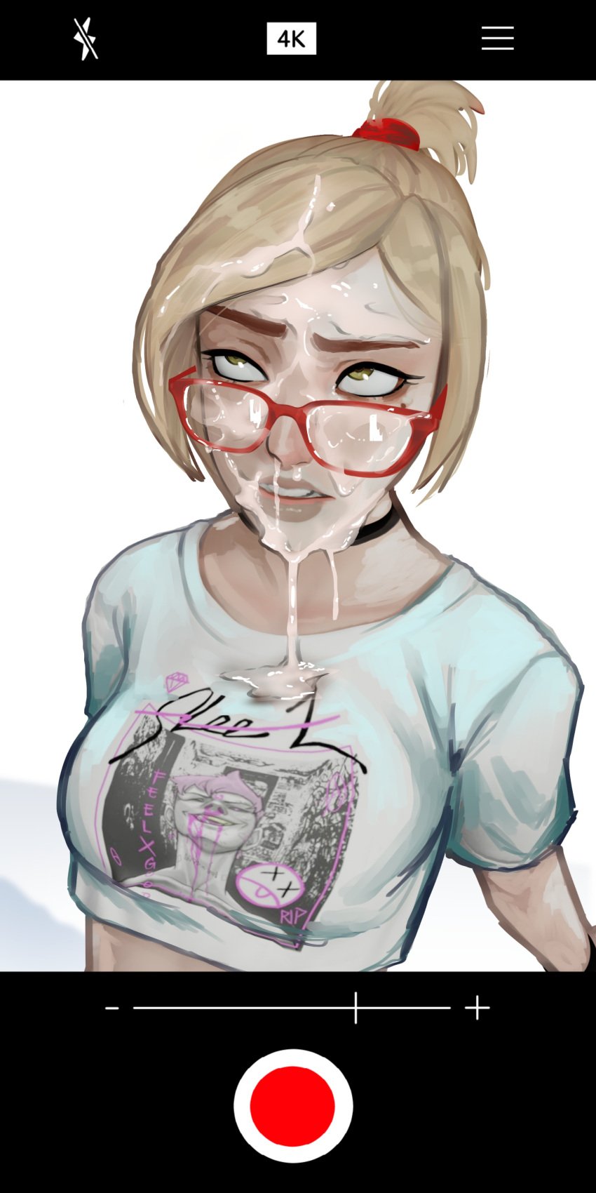 1girls andavaverse blank_background choker crop_top cum cum_dripping_from_chin cum_on_face cum_on_glasses cum_on_hair cum_on_shirt darcy_redd facial fanart female glasses looking_up nerd nerdy_female phone phone_camera phone_screen red_glasses tagme thatfacialguy white_background white_crop_top