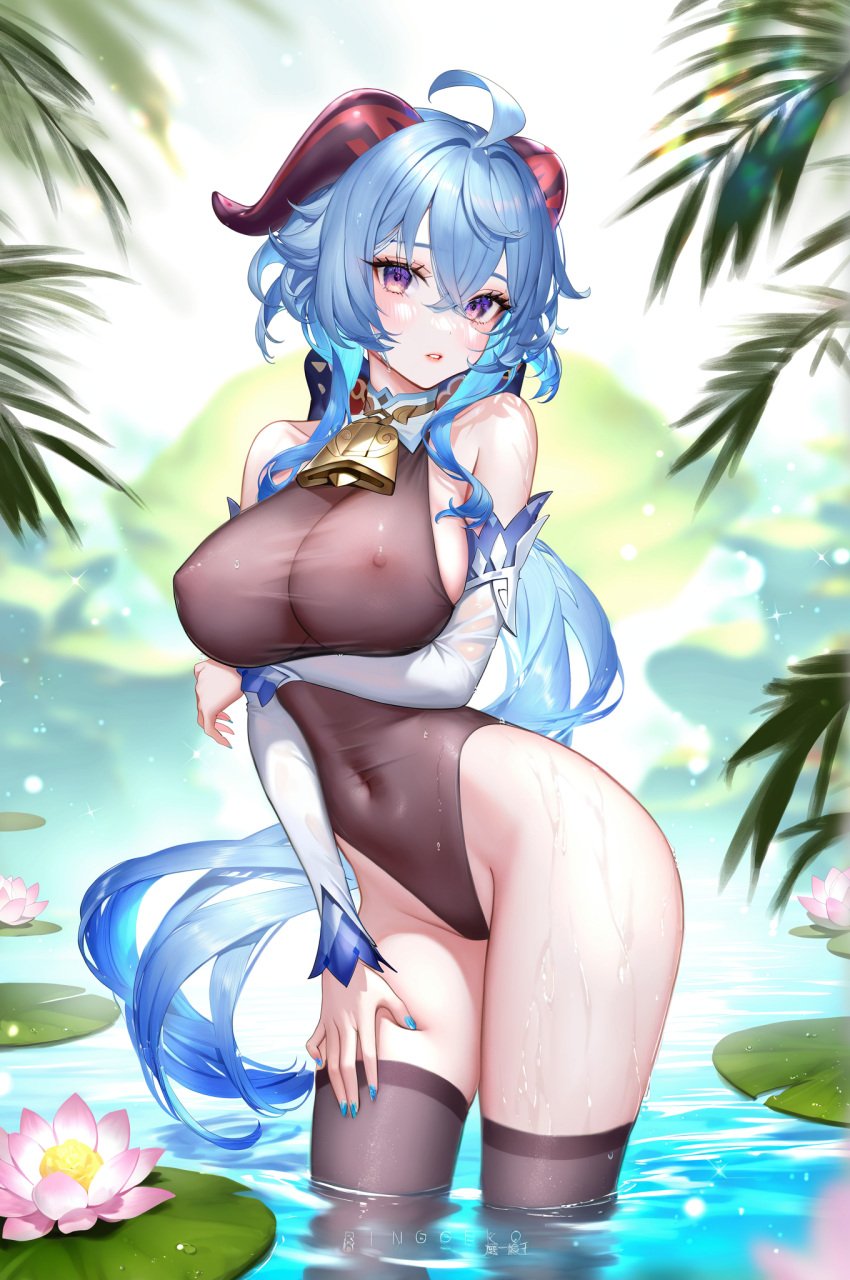 absurd_res ahoge ai_generated bamboo bare_shoulders beach bell blue_nails branch breasts coconut competition_swimsuit covered_navel detached_sleeves female flower ganyu_(genshin_impact) genshin_impact goat_horns hair_flower hibiscus highleg highleg_swimsuit horns leaf lily_(flower) lily_pad long_hair looking_at_viewer lotus ministro nail_polish ocean one-piece_swimsuit palm_leaf palm_tree parted_lips pink_flower plant pond potted_plant purple_eyes purple_nails solo swimsuit tree wading water wet wet_clothes white_flower