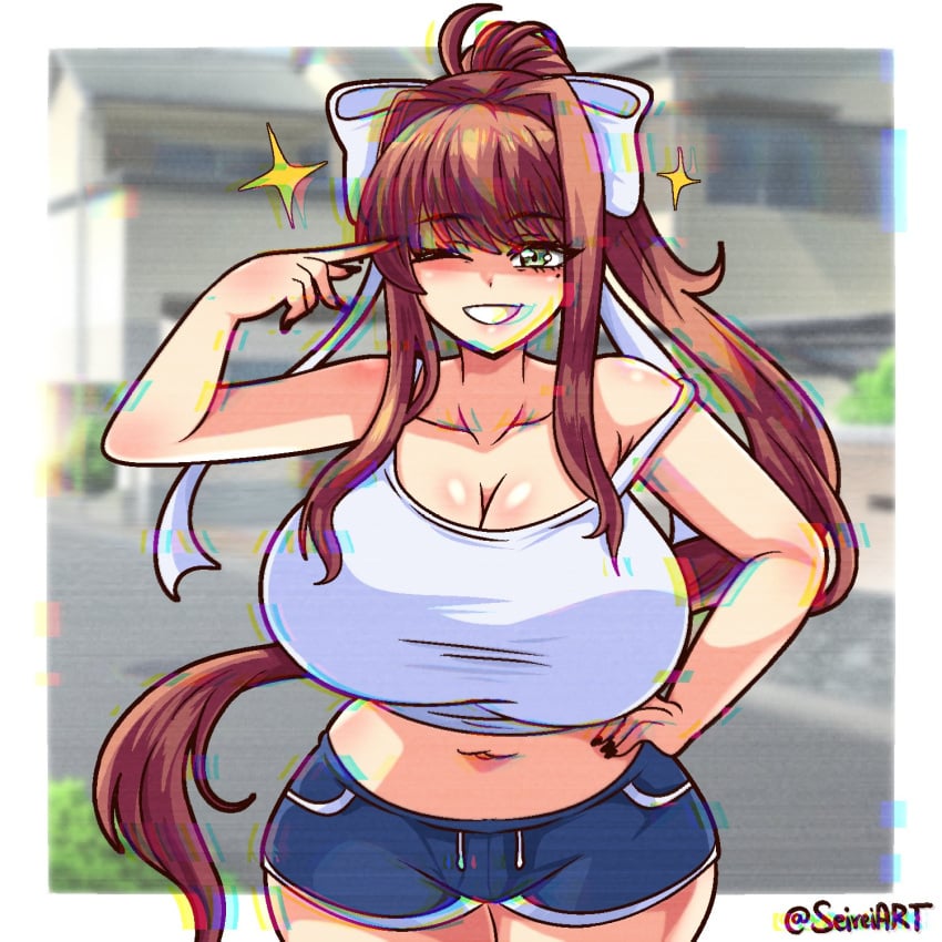 1girls artist_name beauty_mark big_breasts border breasts brown_hair casual cleavage clothed_female doki_doki_literature_club glitch_effect huge_breasts light-skinned_female mole_under_eye monika_(doki_doki_literature_club) one_eye_closed ponytail seireiart shorts smile solo solo_female thick_thighs thighs watermark white_tank_top