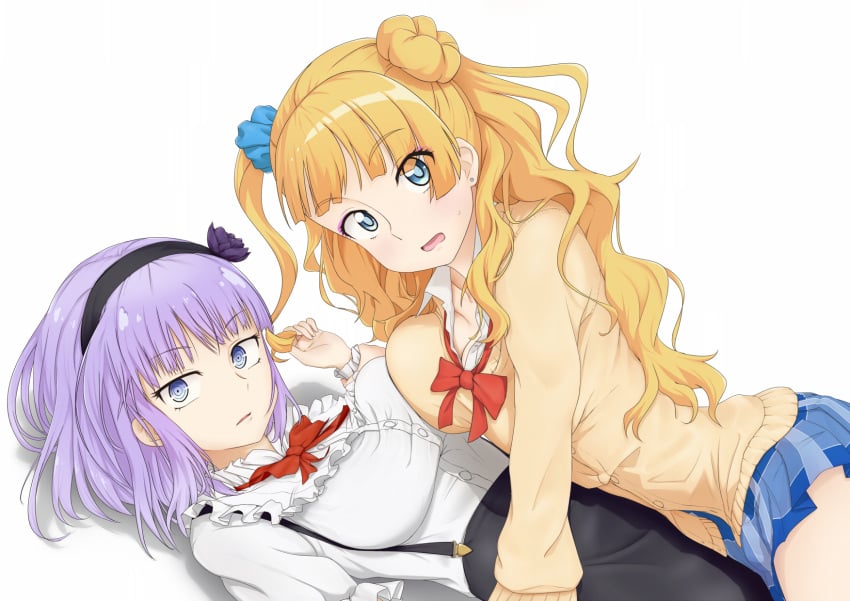 10s 2girls anchovy_(tglets) asymmetrical_docking black_flower black_hairband black_rose black_skirt blonde_hair blue_eyes blue_scrunchie blue_skirt blush bow breast_press breasts cardigan crossover dagashi_kashi earrings flower frilled_shirt frills galko hair_bun hairband high-waist_skirt highres holding_another's_wrist jewelry large_breasts long_hair long_sleeves looking_at_viewer miniskirt multiple_girls one_side_up open_mouth oshiete!_galko-chan plaid_clothes plaid_skirt purple_hair red_bow ringed_eyes rose scrunchie season_connection shidare_hotaru shirt short_hair side_bun simple_background single_side_bun skirt stud_earrings surprised suspender_skirt suspenders sweatdrop wavy_hair white_background white_shirt