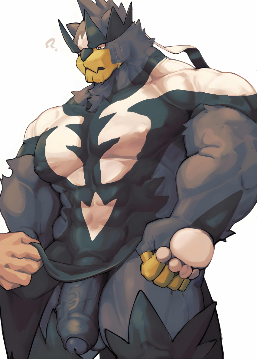 absurd_res anthro azuma_kemono black_penis digital_drawing_(artwork) digital_media_(artwork) foreskin fur furry generation_8_pokemon genitals glans hi_res legendary_pokemon male muscular muscular_male nintendo nipples penis pokemon pokemon_(species) simple_background single_strike_style_urshifu solo standing urshifu white_background