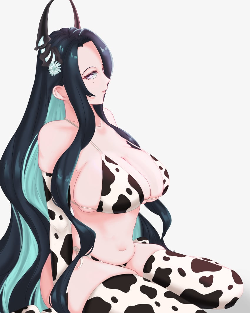 1girls aqua_hair beauty_mark bikini_top black_hair candace_volker colored_inner_hair cow_print cow_print_bikini cow_print_thighhighs detached_sleeves female female_only hololive hololive_english hololive_english_-advent- horns large_breasts light-skinned_female light_skin malpha_ravencroft milf mole mole_under_eye multicolored_hair pink_eyes solo thighhighs very_long_hair virtual_youtuber white_background