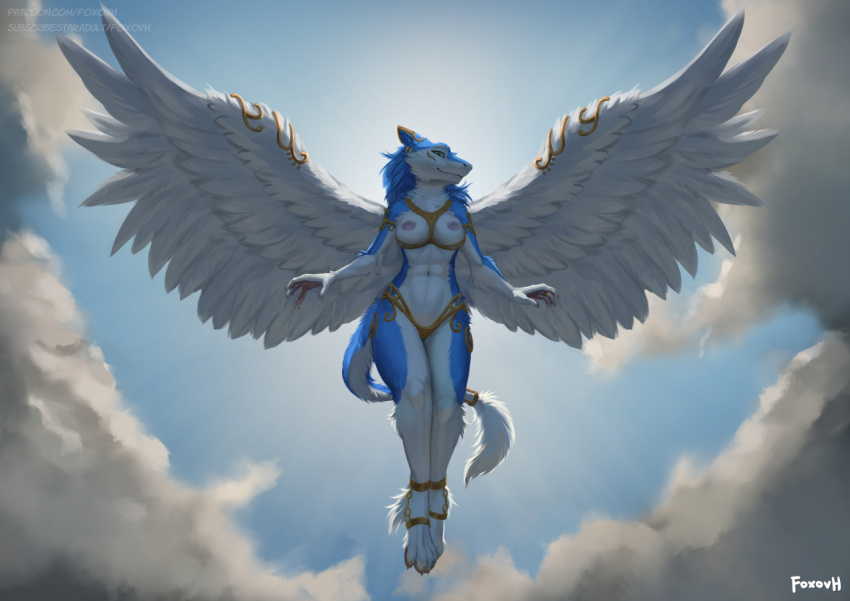 2023 anthro areola blue_body blue_fur breasts clothed clothing feathered_wings feathers female foxovh front_view fur kate_(morpheuskibbe) metal_clothing navel nipples partially_clothed sergal solo tail wings