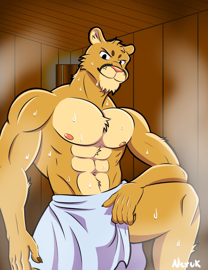 abs anthro biceps big_breasts big_pecs big_shoulders body_fluids bulge claws cougar feline furry_ears head_tuft leaning looking_at_viewer male mammal mischievous_smile muscles muscular muscular_anthro muscular_male neruk pink_nipples pink_nose puma sauna smile smiling smiling_at_viewer solo spiky_hair spotted_markings steam tan_fur towel towel_only triceps whisker_markings whisker_spots yellow_body yellow_fur