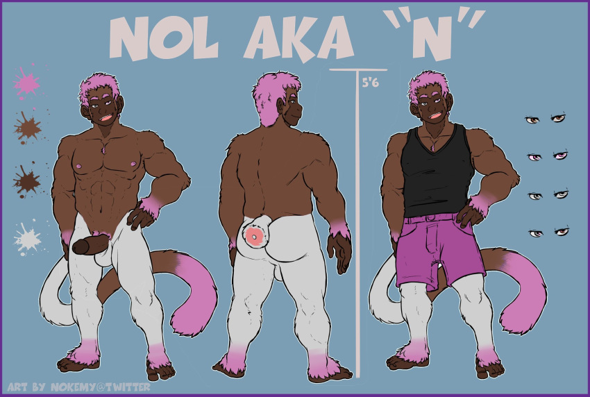 1boy abs anthro ass athletic backsack balls border clothed clothing color_swatch erection flat_colors grin hair hand_on_hip humanoid_penis male male_only mammal model_sheet monkey multiple_angles nipples nokemy nude pecs penis pink_hair primate pubes rear_view shirt shorts signature solo tank_top