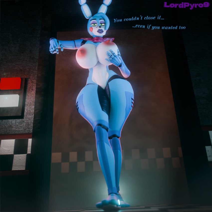 3d 3d_(artwork) animatronic anthro areola big_breasts blue_body bow_ribbon breasts dialogue female five_nights_at_freddy&#039;s five_nights_at_freddy&#039;s_2 genitals green_eyes inside lagomorph leporid low-angle_view lpyro9 machine mammal nipples nude pussy rabbit robot scottgames solo thick_thighs toy_bonnie_(fnaf) toy_bonnie_(psychojohn2)