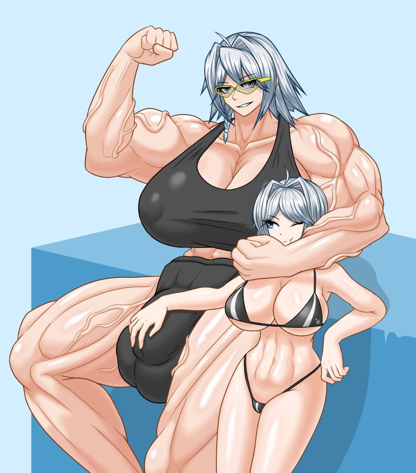 1futa 1girls bulge flexing futa_on_female futanari hyper_breasts larger_futanari muscular_futanari size_difference smaller_female swimsuit turkey_system