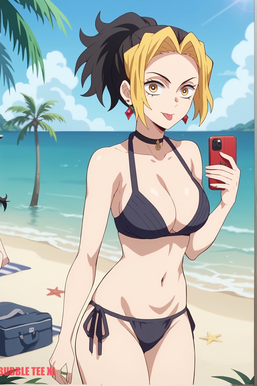 ai_assisted ai_generated anime anime_style beach bikini black_bikini bubbleteexl cellphone demon_slayer makio_(kimetsu_no_yaiba) side_tie_bikini side_tie_bikini_bottom tongue_out