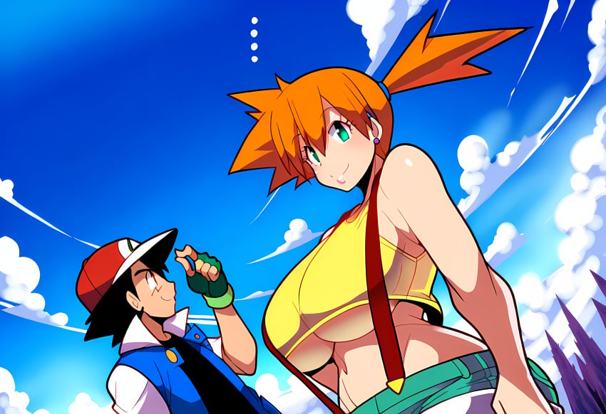 1boy 1girls aged_up ai_generated alternate_breast_size black_hair day female hat huge_breasts human kasumi_(pokemon) male mullon novelai orange_hair overalls pokemon pokemon_(anime) pokemon_rgby satoshi_(pokemon) smile underboob voluptuous voluptuous_female