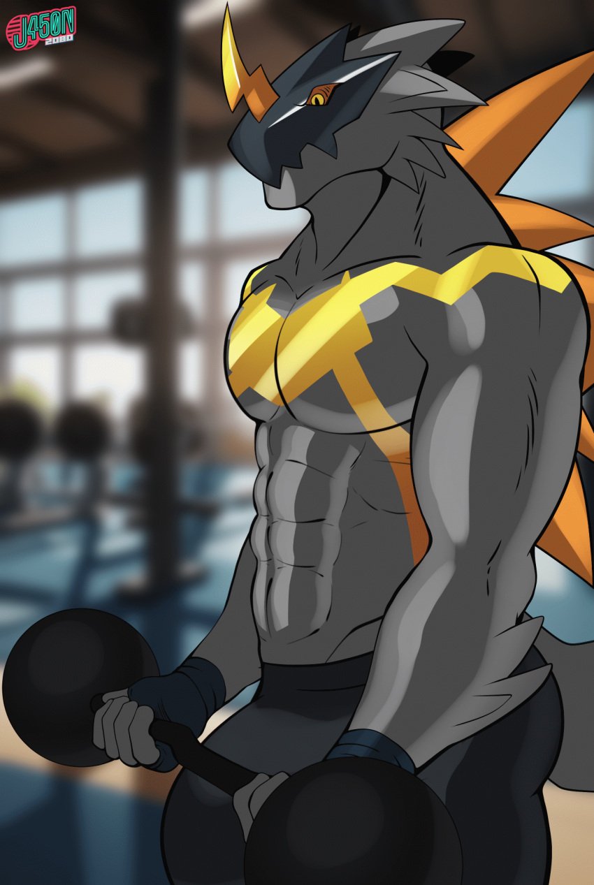 animated anthro athletic bandai_namco bara bulge bulkmon clothing digimon digimon_(species) exercise gym hi_res j450n2080 male male_only muscular muscular_male pulsing solo sport_pants throbbing underwear workout