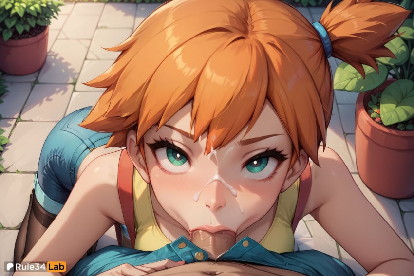 1boy 1boy1girl 1girls :>= ai_generated anime_girl anime_style aqua_eyes artist_name blowjob blue_shorts blush breasts cum cum_in_mouth day denim denim_shorts eyelashes facial fellatio from_above green_eyes hair_tie hi_res kasumi_(pokemon) looking_at_viewer looking_up medium_breasts mosaic_censoring oral orange_hair outdoors pantyhose patreon_username penis plant pokemon pokemon_(anime) pokemon_(classic_anime) pokemon_(game) potted_plant pov pov_crotch rule34lab shirt short_hair short_shorts shorts side_ponytail sleeveless solo_focus straight suspenders tank_top tiles uncensored watermark yellow_shirt