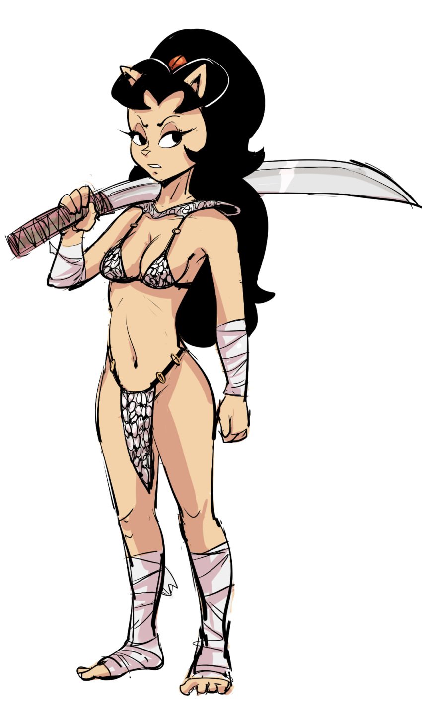 anthro artist_request black_hair cat_ears cat_girl cat_humanoid catgirl chainmail chainmail_bikini cleavage foot_wraps furry holding_weapon large_breasts long_hair red_sonja_(cosplay) sword tomoe_ame usagi_yojimbo