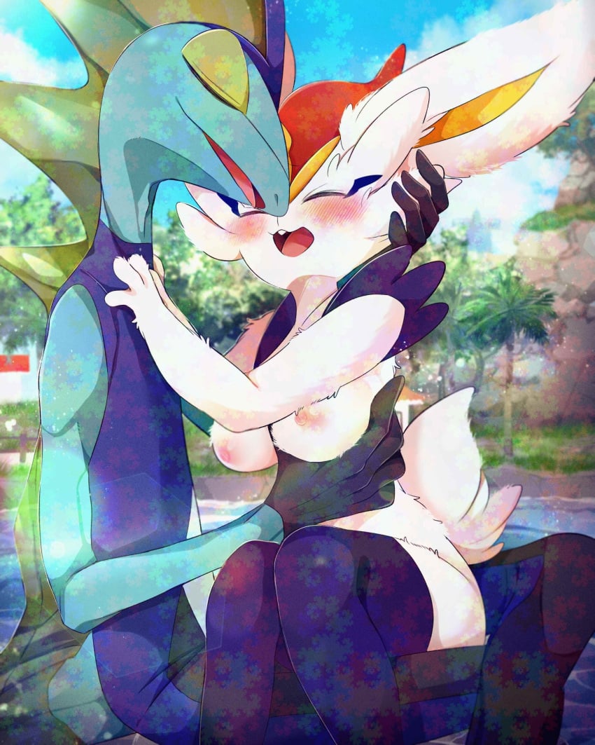 anthro areola biped blue_body blush breasts buckteeth cinderace closed_eyes detailed_background duo female fingers fur generation_8_pokemon hi_res inteleon male multicolored_body nintendo nipples open_mouth pokemon pokemon_(species) prrrrrrmine red_body tail teeth white_body white_fur white_tail yellow_body