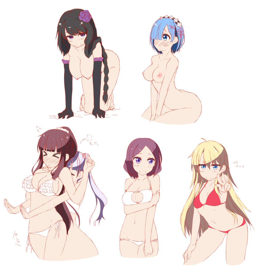 >_< 10s 6+girls all_fours barefoot bikini black_gloves black_hair blonde_hair blue_eyes blue_hair blunt_bangs blush braid breast_hold breasts brown_hair cleavage_cutout closed_eyes clothing_cutout cropped_legs elbow_gloves elsa_granhilte female_focus flat_color flower flying_sweatdrops frilled_bikini frills from_above gloves hair_flower hair_ornament hair_over_one_eye hair_over_shoulder hanging_breasts highres hinata_masaki hug hug_from_behind large_breasts long_hair looking_at_viewer maid_headdress medium_breasts multiple_girls navel new_game! nipples no_nose nude plant ponytail purple_eyes purple_hair re:zero_kara_hajimeru_isekai_seikatsu rem_(re:zero) scrunchie season_connection short_hair side-tie_bikini_bottom silver_hair simple_background single_braid sitting sketch smile suzukaze_aoba swimsuit takimoto_hifumi tooyama_rin twintails v_arms very_long_hair white_background white_bikini x_hair_ornament yagami_kou