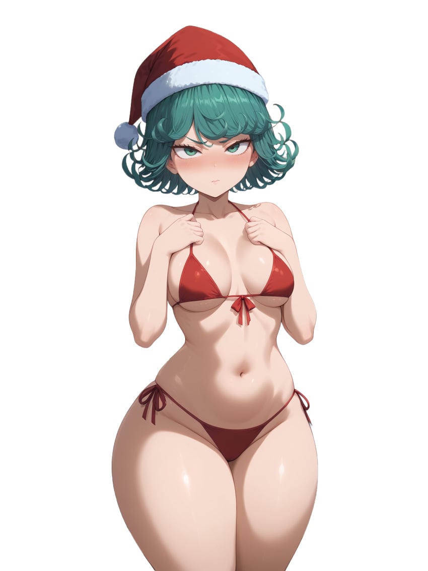 12kaneda12 1girls ai_generated bikini blush one-punch_man santa_hat self_upload solo solo_female tatsumaki transparent_background wide_hips