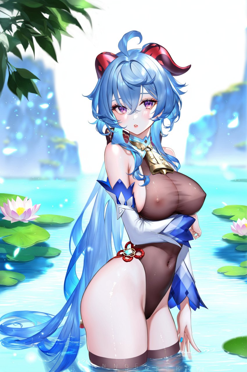 absurd_res ahoge ai_generated bamboo bare_shoulders beach bell blue_nails branch breasts coconut competition_swimsuit covered_navel detached_sleeves female flower ganyu_(genshin_impact) genshin_impact goat_horns hair_flower hibiscus highleg highleg_swimsuit horns leaf lily_(flower) lily_pad long_hair looking_at_viewer lotus ministro nail_polish ocean one-piece_swimsuit palm_leaf palm_tree parted_lips pink_flower plant pond potted_plant purple_eyes purple_nails solo swimsuit tree wading water wet wet_clothes white_flower