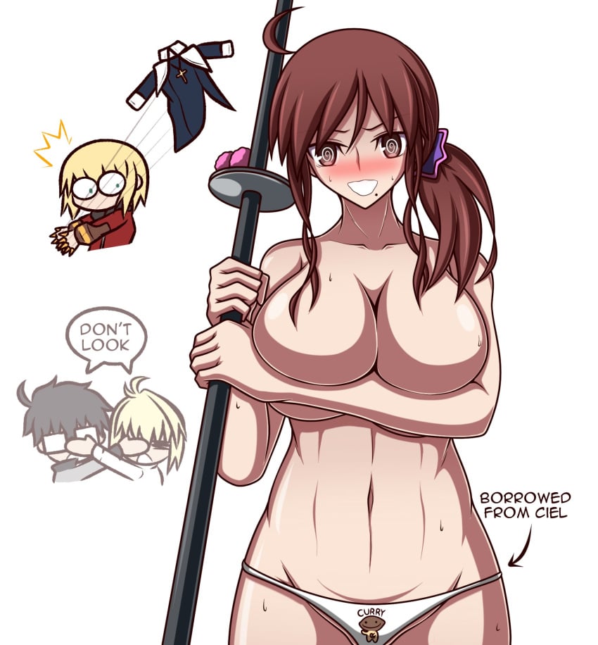 2boys 2girls ahoge alternate_breast_size alternate_version_available arcueid_brunestud belly big_breasts black_hair blonde_hair breasts breasts_bigger_than_head brown_eyes brown_hair curvy dialogue dress_lift embarrassed embarrassed_female embarrassed_nude_female glasses green_eyes hair_ornament holding_object holding_weapon huge_breasts large_breasts mario_gallo_bestino melty_blood mole_under_mouth naked naked_female navel noel_(tsukihime) nude nude_female panties panties_only ponytail sakurello shocked short_hair spear spiral_eyes strip stripping surprised sweater sweating sweaty_body thick_thighs thighs tohno_shiki tsukihime tsukihime_(remake) tummy type-moon wide_hips