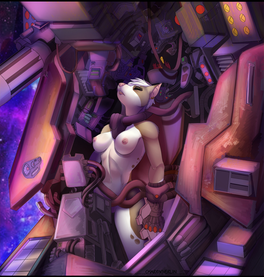 anthro areola breasts brown_fur closed_eyes detailed_background ear_piercing exosuit eyelashes female fur hair machine mecha navel nipples piercing pink_nipples pink_nose romanginzburg solo sorafoxyteils standing white_fur white_hair