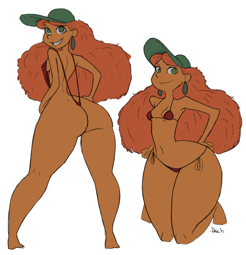 ass barefoot big_ass bottom_heavy bra curly_hair disney haich hat inner_workings kate_(inner_workings) looking_back narrow_shoulders red_hair side-tie_bikini sidelocks string_bikini string_panties thick_thighs thin_arms thin_waist