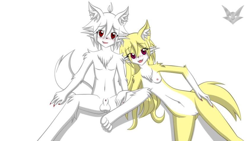 anthro balls blush breasts canine cute female fox fur imminent_sex kemono lying male mammal nikku nipples nude ouko penis pussy straight ultron98 white_fur yellow_fur