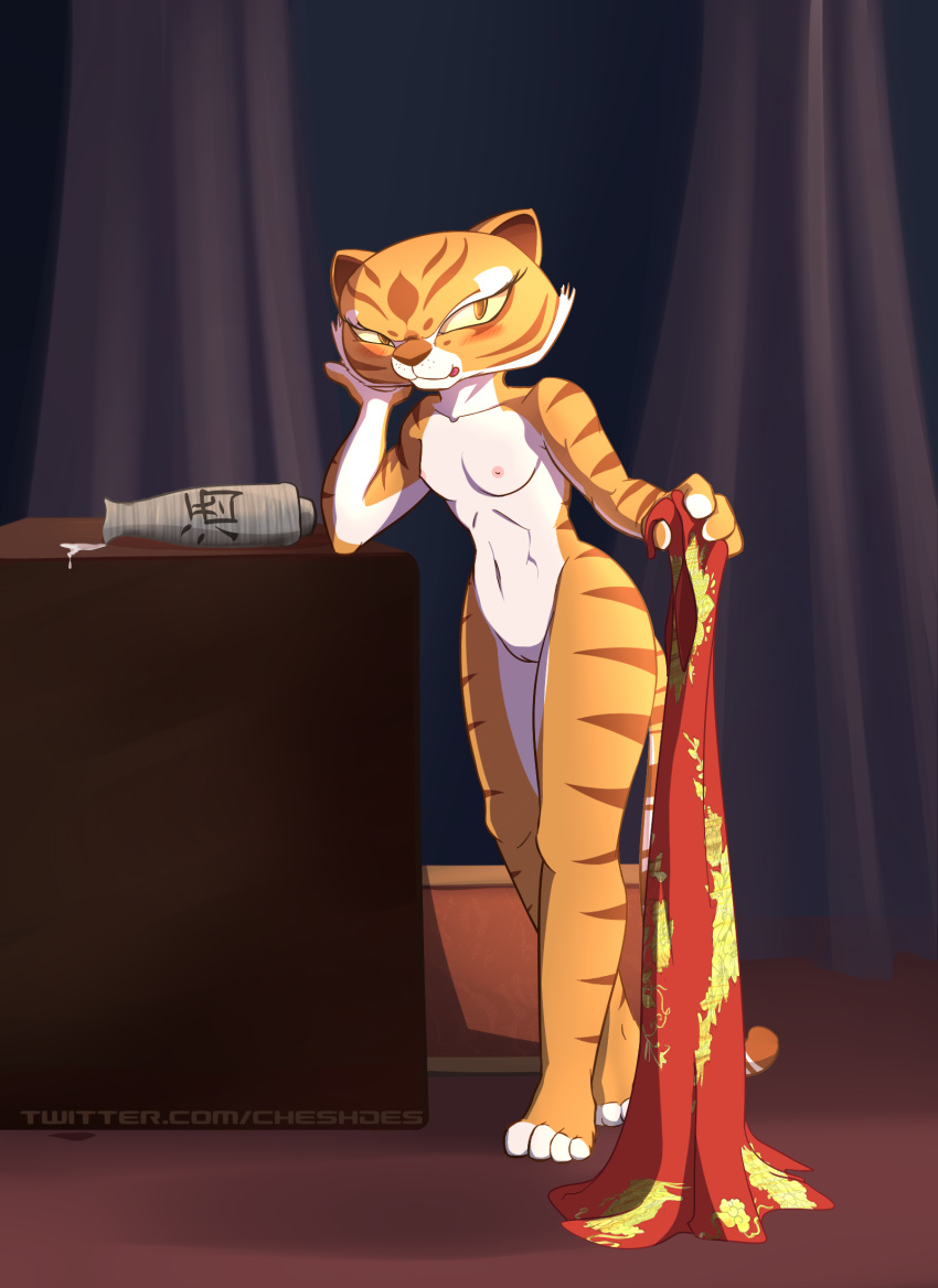 anthro blush breasts cashmere clothing feline female kung_fu_panda looking_at_viewer mammal master_tigress nipples nude pussy small_breasts smile solo tiger tongue