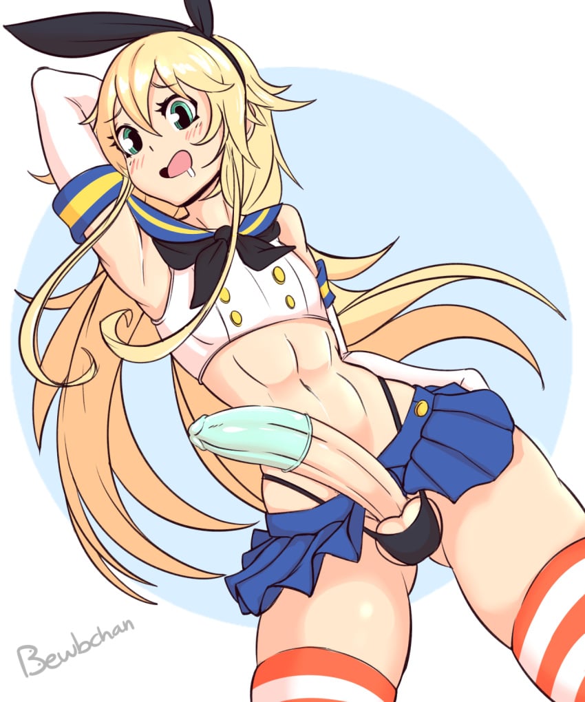 1boy androgynous balls balls_in_panties bewbchan blonde_hair blue_eyes condom condom_on_penis erection femboy girly kantai_collection long_hair long_penis male male_only open_mouth panties penis penis_under_skirt rule_63 shimakaze_(kantai_collection) skirt testicles thighhighs trap