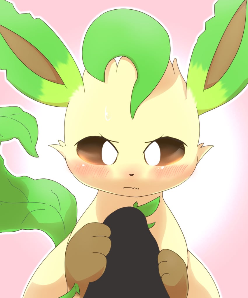 1boy 3_toes 3sthrees ambiguous_gender blush brown_eyes brown_nose canine censored eeveelution erection footjob frustrated fur furry half-closed_eyes handjob leaf leafeon long_ears male nintendo pawjob paws penis pink_background plant pokemon pokemon_dppt sex sweat tan_fur toes video_games yellow_fur