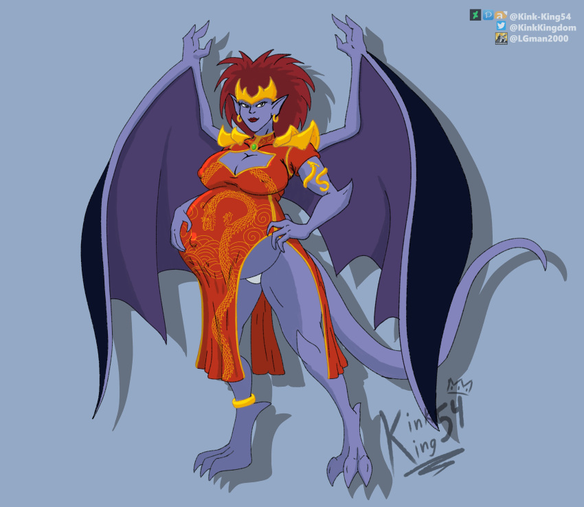 1girls belly big_belly big_breasts breasts cleavage demona earrings erect_nipples female gargoyles humanoid kink-king_54 nipple_bulge panties pregnant red_hair wings