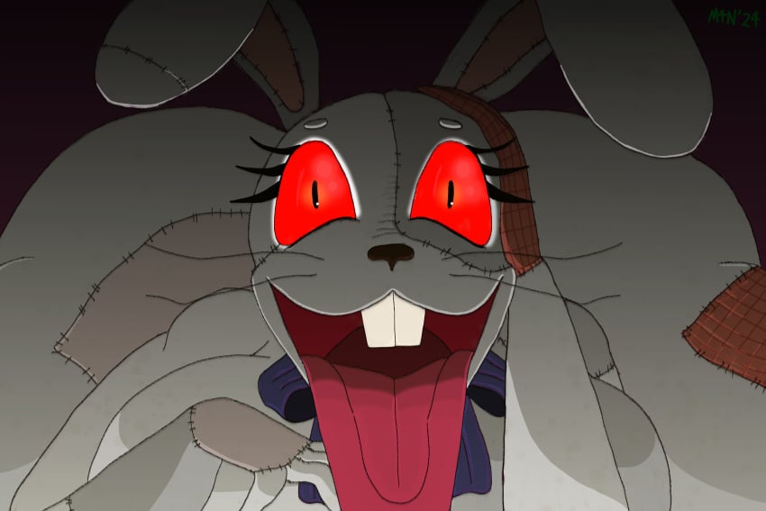 animate_inanimate anthro ass big_breasts big_butt bow_ribbon bow_tie bow_tie_only breasts buckteeth eyelashes female five_nights_at_freddy's five_nights_at_freddy's:_security_breach hand_on_head hi_res horror_(theme) huge_tongue hyper hyper_tongue lagomorph leporid looking_at_viewer lying m4n mammal mostly_nude on_front patchwork_creature plushie rabbit scary scary_face scottgames smile smiling_at_viewer solo steel_wool_studios teeth thick_thighs tongue tongue_hanging_out tongue_out vanny vanny_(fnaf) whiskers wide_eyed wide_hips