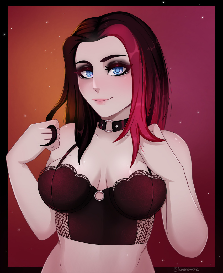 1girls big_breasts blue_eyes breasts brown_hair choker cleavage clothed commission eyeshadow female goth hi_res lingerie long_hair looking_at_viewer mascara original ravenemore red_hair smile solo stroking_hair two_tone_hair