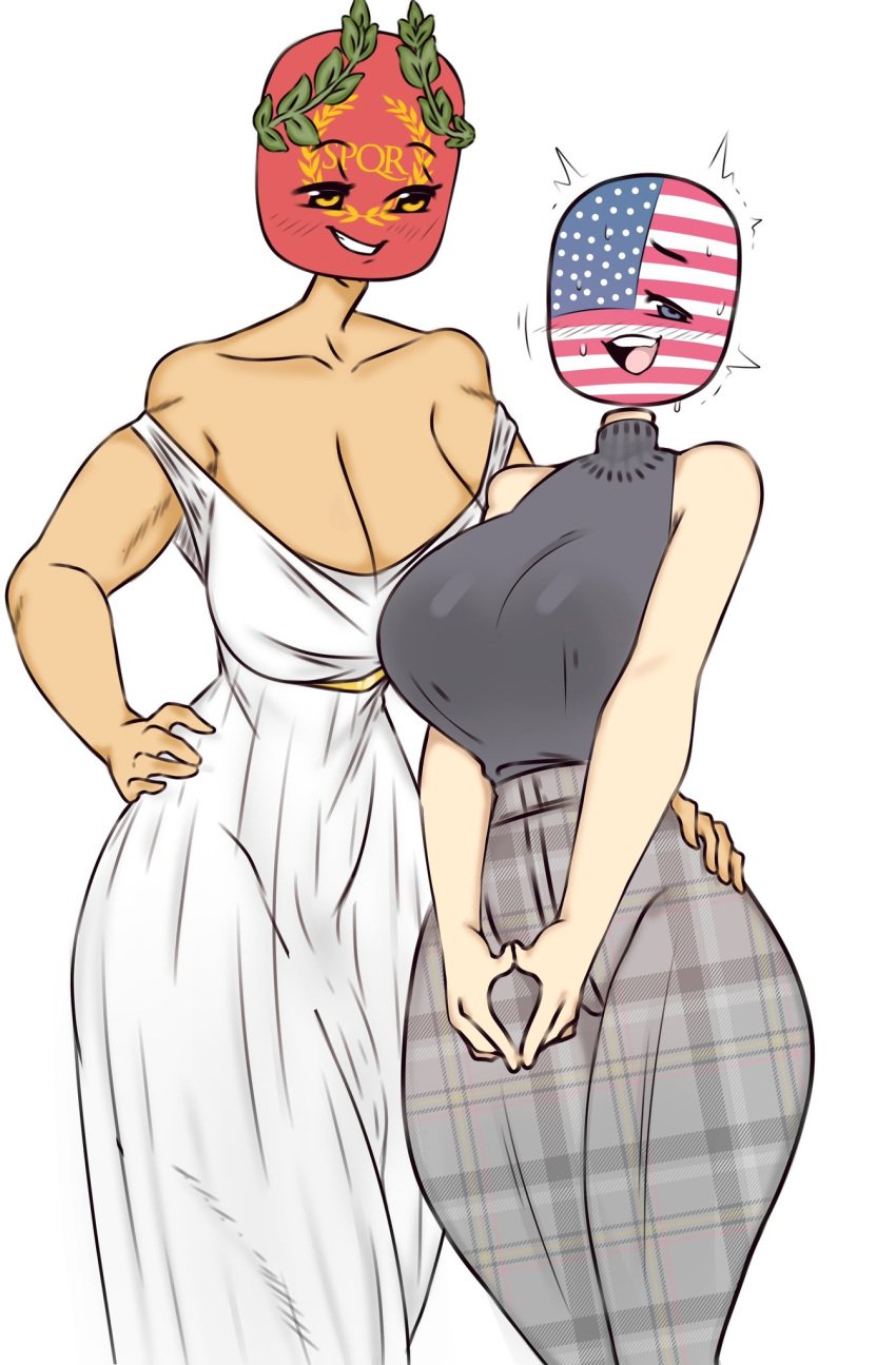 1futa 1girls alternate_version_available big_breasts bigger_futa blush breasts clothed clothing countryhumans countryhumans_girl duo female flaccid flaccid_penis flawsy fully_clothed futanari huge_breasts humanoid light-skinned_female light-skinned_futanari light_skin penis rome_(countryhumans) sleeveless standing sweater sweating tan thick_thighs turtleneck united_states_of_america_(countryhumans) wide_hips