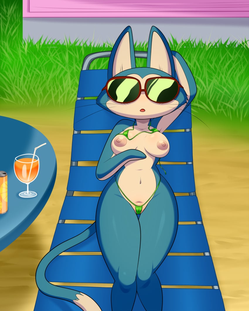 2024 anthro areola bikini blue_body blue_fur breasts camel_toe clothing domestic_cat dragon_ball eyewear felid feline felis female fur hi_res lonbluewolf mammal multicolored_body multicolored_fur nipples puar puar_(dragon_ball) rule_63 solo sunglasses swimwear tan_body tan_fur