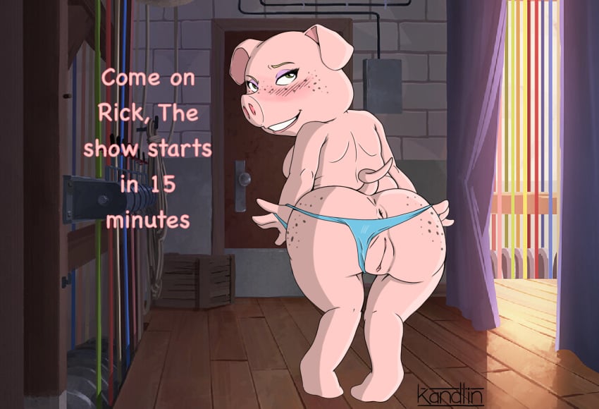 anthro anus ass backstage bedroom_eyes blush clitoris clothed clothing clothing_aside curled_tail curtains domestic_pig door female freckled_butt freckles freckles_on_face furrycheetah_(artist) genitals hi_res illumination_entertainment kandlin looking_at_viewer looking_back looking_back_at_viewer mammal narrowed_eyes panties panties_aside panties_only pig_nose pussy rigging rosita_(sing) seductive shoulder_blades sing_(movie) smile solo suid suina sus_(pig) tail teeth_showing third-party_edit topless underwear underwear_aside underwear_only