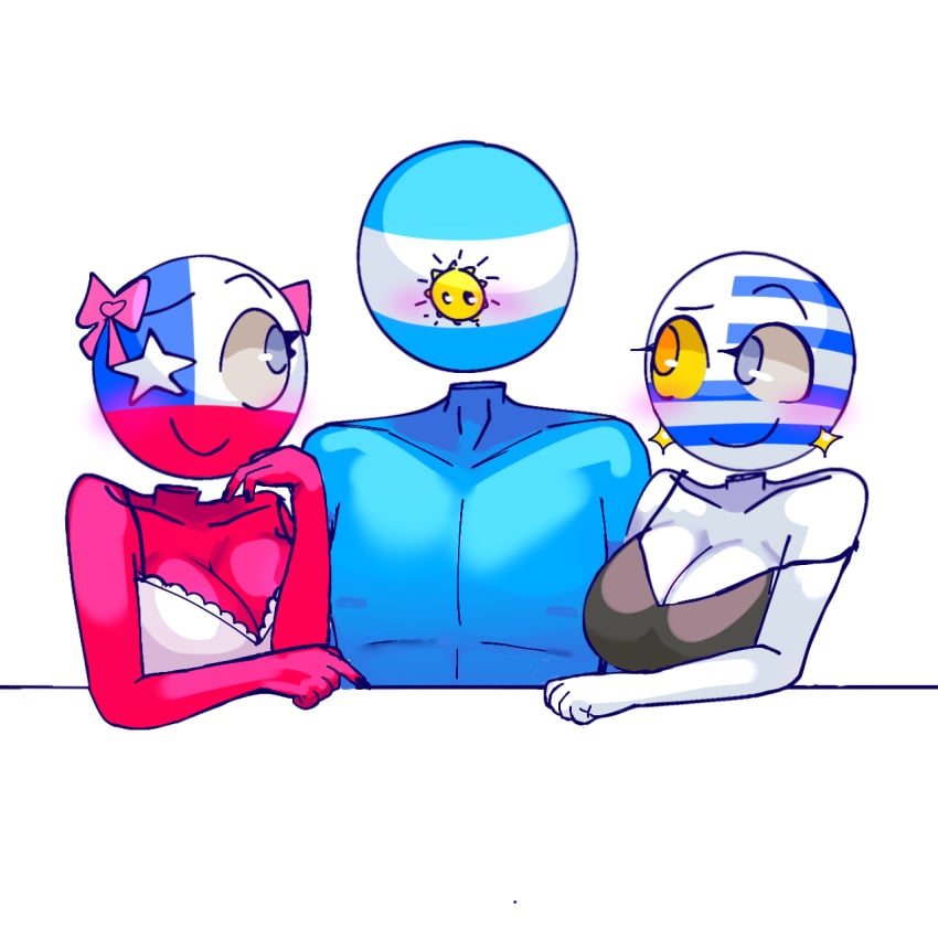 1boy 2girls argentina_(countryhumans) big_breasts blue_eyes blush chile_(countryhumans) countryhumans countryhumans_girl oksaoksa uruguay_(countryhumans)