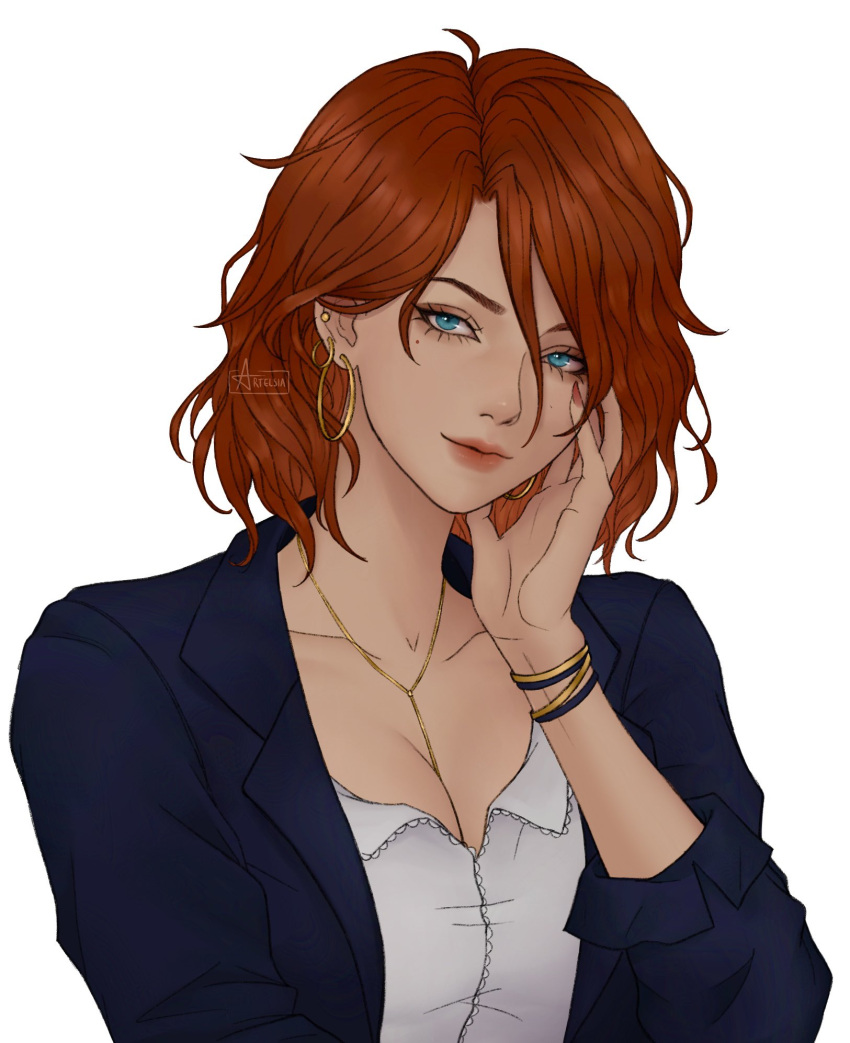 1girls artelsia blazer blue_eyes cleavage clothed clothing ear_piercing earrings female female_focus female_only league_of_legends miss_fortune necklace red_hair short_hair