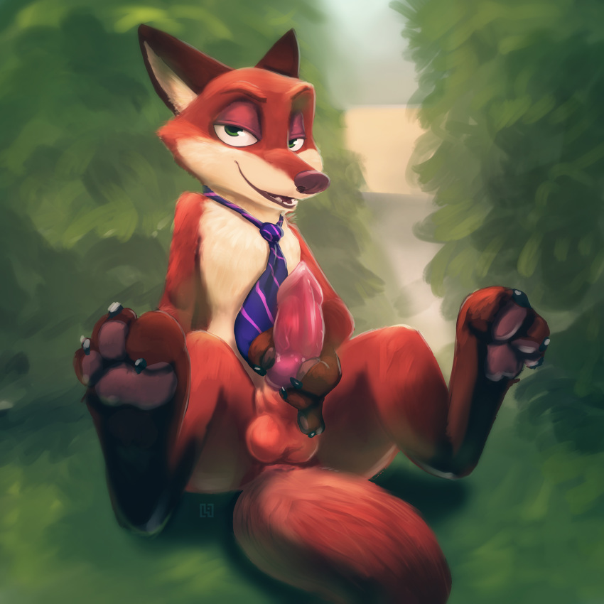 1boy 2016 3_toes absurdres animal_genitalia animal_penis anthro balls bedroom_eyes brown_fur canine canine_penis claws disney erection feet foot_focus fox fur furry green_eyes half-closed_eyes highres hindpaw knot lokpik looking_at_viewer male male_only mammal markings necktie nick_wilde nude outdoors pawpads paws penis perineum red_fox red_fur seductive sigmature signature sitting socks_(marking) soles solo toe_claws toe_curl toes zootopia