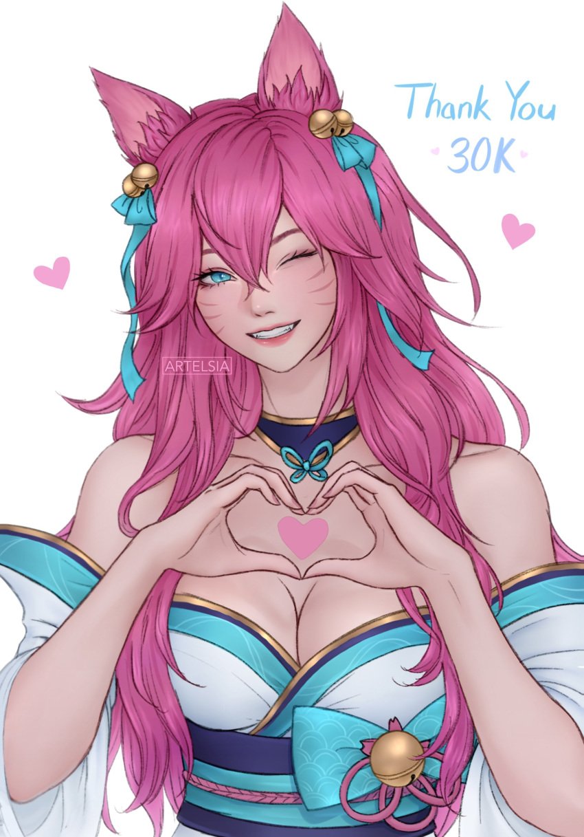 1girls ahri artelsia blue_eyes clothed clothing facial_markings female female_focus female_only fox_ears hair_ornament kemonomimi league_of_legends pink_hair smile smilling spirit_blossom_ahri wink