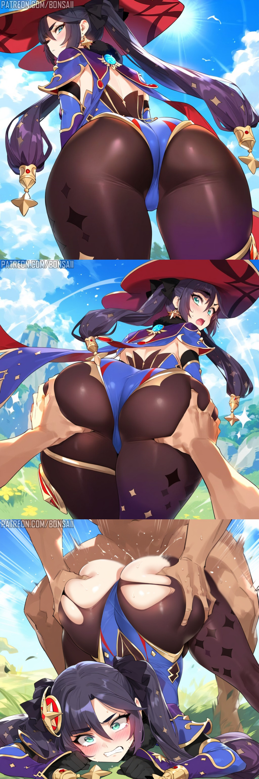 1boy 1girls ai_generated ass_grab blush bons_ai dat_ass dubious_consent female from_below genshin_impact groping instant_loss light-skinned_female light-skinned_male male mona_(genshin_impact) pale-skinned_female patreon_username pleasure_face sex sex_from_behind torn_pantyhose