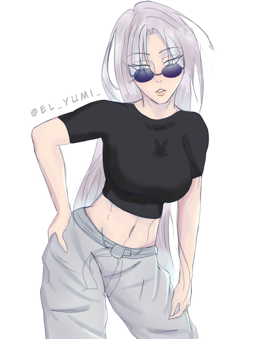 1girls big_breasts black_shirt breasts genderswap_(mtf) hand_on_hip jujutsu_kaisen lips_parted long_hair looking_over_eyewear looking_over_glasses looking_over_sunglasses midriff midriff_baring_shirt purple-tinted_eyewear rule_63 satoru_gojo solo_female sunglasses tagme tinted_eyewear white_hair