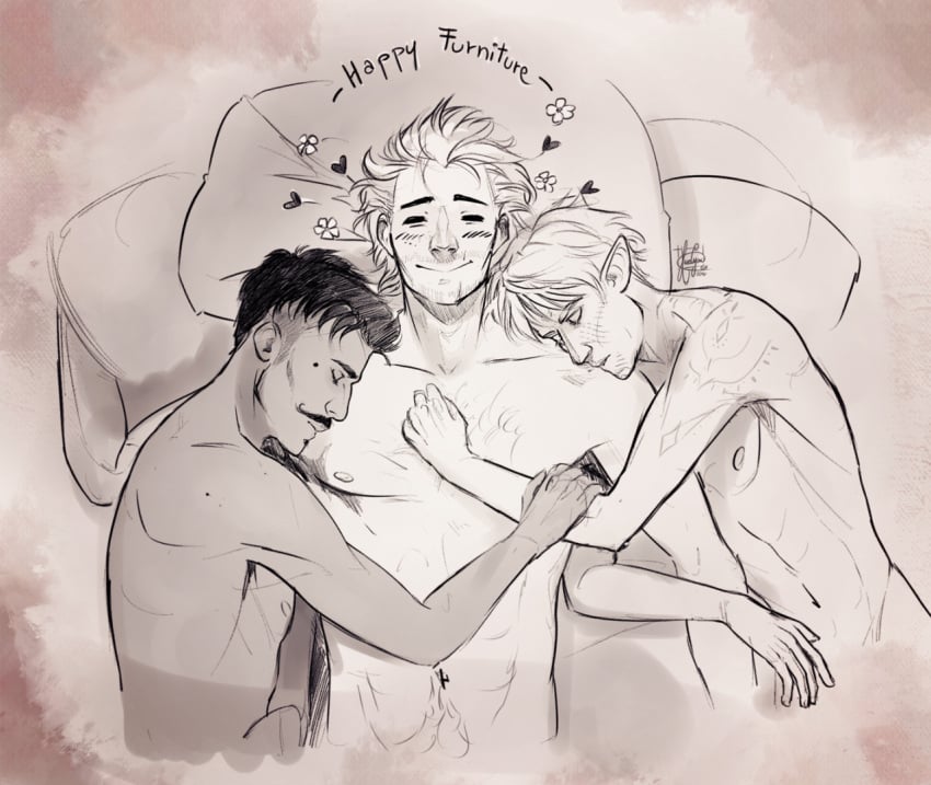 3boys arm_tattoo artist_signature asleep bara beauty_mark bed black_and_white black_hair blush chest_hair colorless cuddling dark-skinned_male dark_hair dark_skin dorian_pavus dragon_age dragon_age_inquisition elf elf_ears elf_male face_tattoo facial_hair fael_lavellan flower flowers gay gay_male hairy_chest heart hearts_around_head human in_bed inquisitor_(dragon_age) kurogoesinthedas light-skinned_male light_skin mage male male/male male_only messy_hair mole monochrome moustache nipples pillow pointy_ears romantic romantic_ambiance sleeping smile smiling tattoo tattoo_on_arm tattoos text trio unknown_character video_games white_hair yaoi