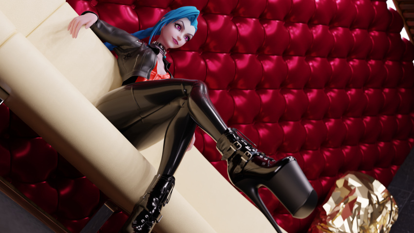 1girls female female_only high_heels jacket jinx_(league_of_legends) league_of_legends leggings platform_boots platform_heels platform_shoes saibamanhd solo stiletto_heels very_high_heels