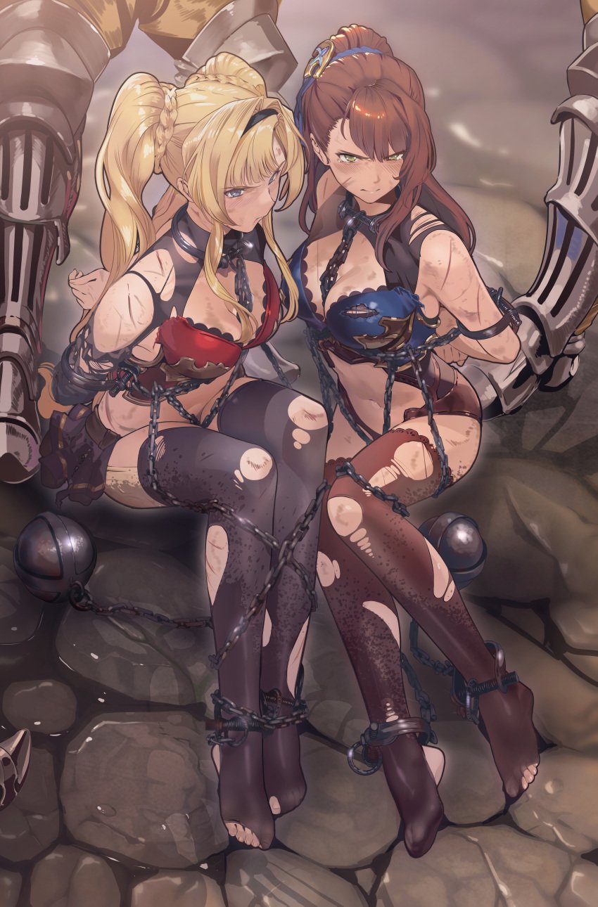 angry beatrix_(granblue_fantasy) chains granblue_fantasy granblue_fantasy_versus sitting_on_floor sword zeta_(granblue_fantasy)