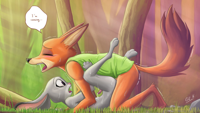 anal anal_sex anthro blush canine clothing cum cum_inside disney duo forest fox furry highres judy_hopps katkhol lagomorph male mammal nick_wilde open_mouth outdoors penetration penis rabbit rule_63 sex text tree yaoi zootopia