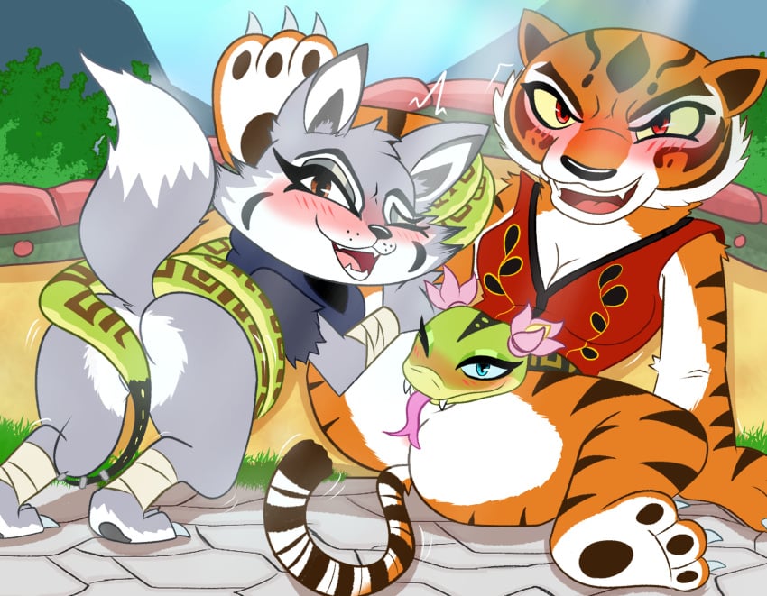 anthro anthro_on_feral bottomless canid canine clothed clothing dreamworks felid female female/female feral fox group group_sex hi_res kung_fu_panda mammal master_tigress master_viper outside pantherine reptile scalie sex snake threesome tiger trio weirdkoaladream yuri zhen_(kung_fu_panda) zoophilia